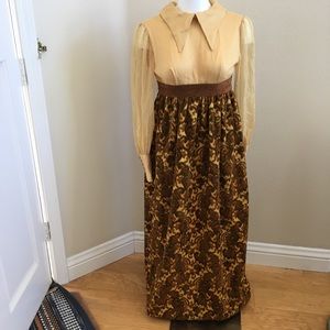 Vintage Brown Silk & Chenille Maxi Dress Small Handmade Costume Western Wear
